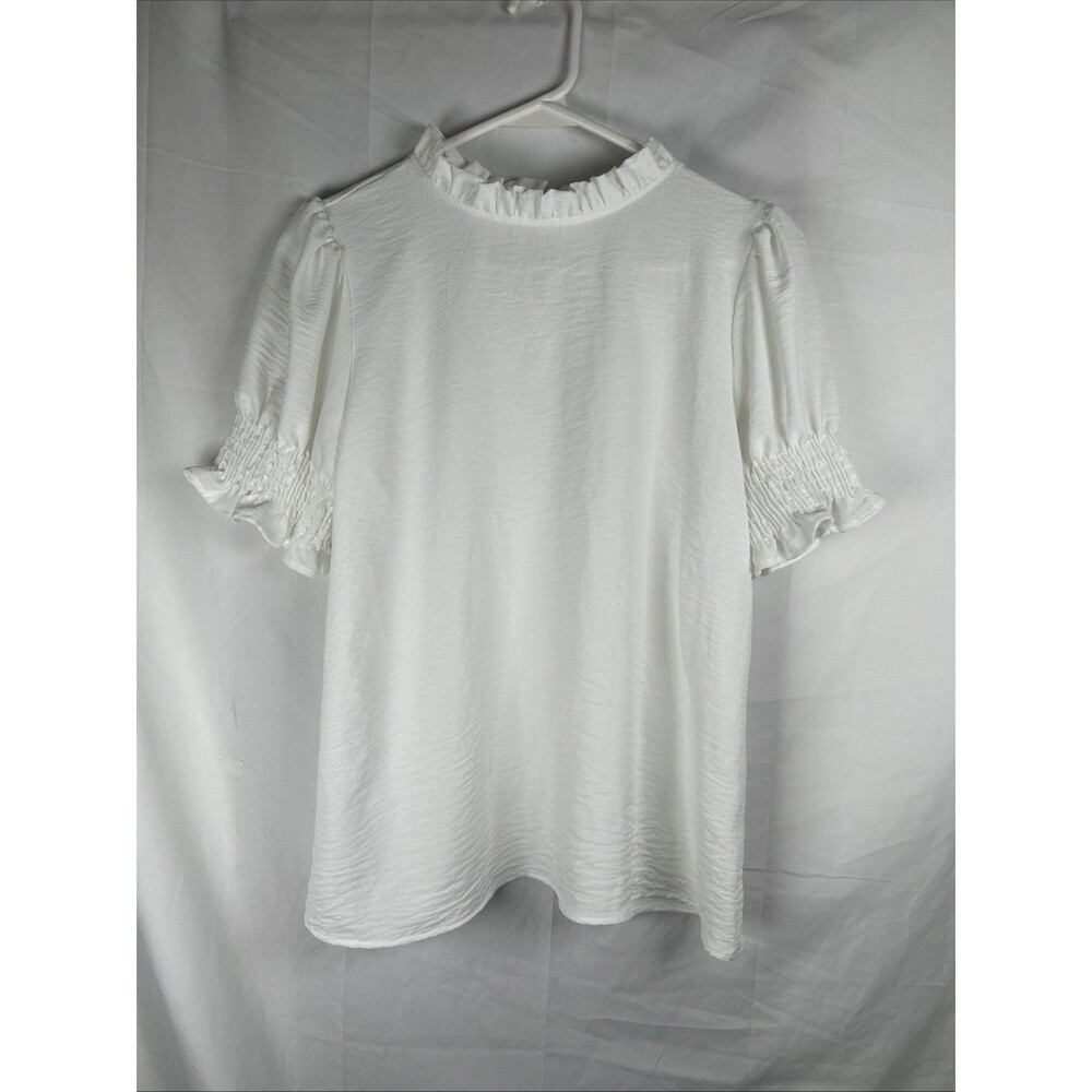 Les Amis Ruffle Neck White Blouse Large Puff Shoulder Crepe Textured Button Hole
